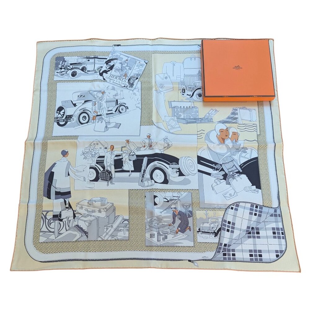HERMES L'Elegance et le Confort en Automobile 70 cm Cream Silk Square Scarf RARE